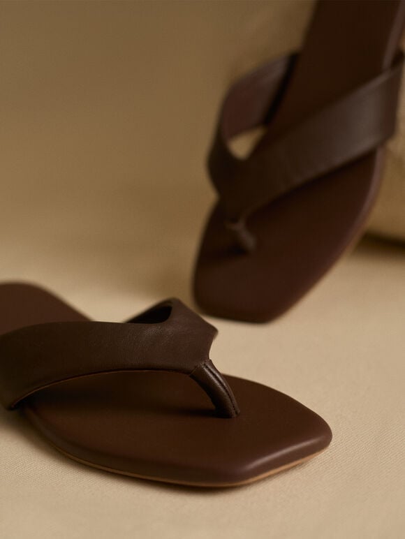 Leather Flip Flops, Brown, large