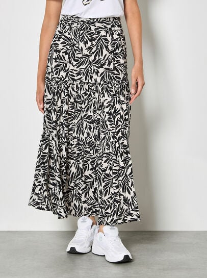 Leaf Print Tiered Midi Skirt