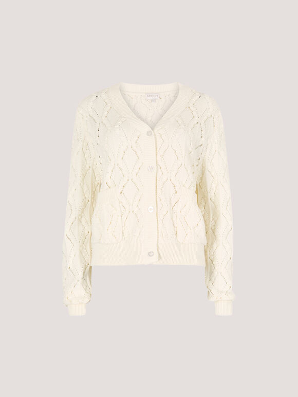 Pointelle Knitted Cardigan, White, large