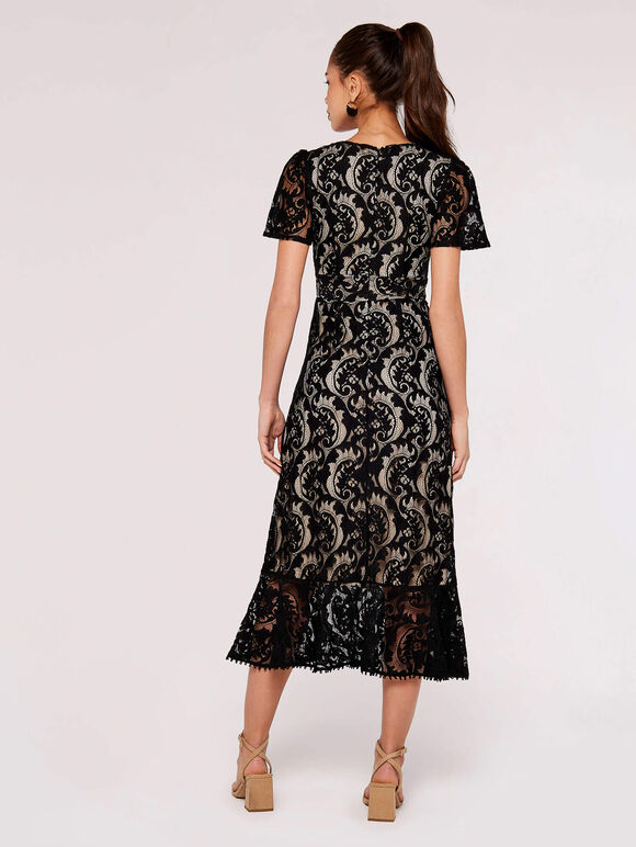 Lace Ruffle Midi Dress, Black, large