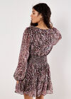 Feather Print Chiffon Mini Dress, Burgundy, large