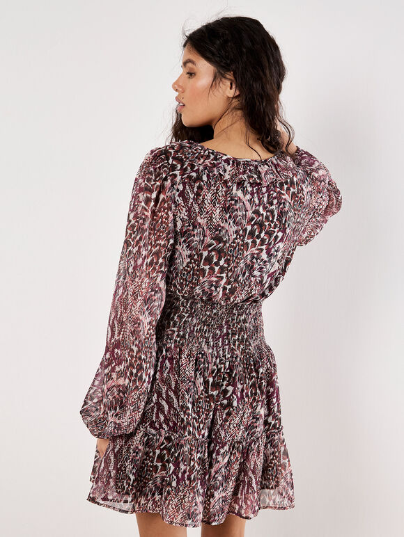 Feather Print Chiffon Mini Dress, Burgundy, large