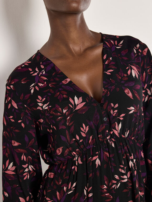 Leaf Print Mini Dress, Burgundy, large