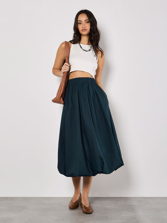 Puff Hem Midi Skirt, Navy, large