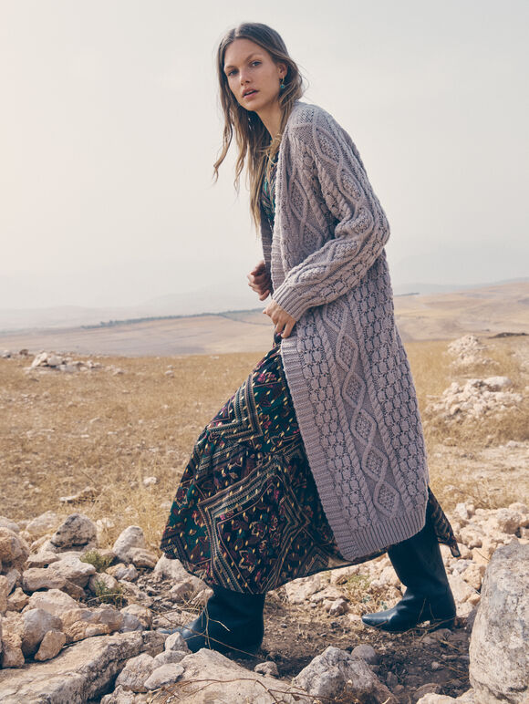 Chunky Cable Knit Longline Cardigan, Stone, large