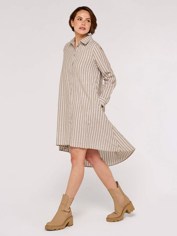 Woven Stripe Shirt Dress, Stone, large