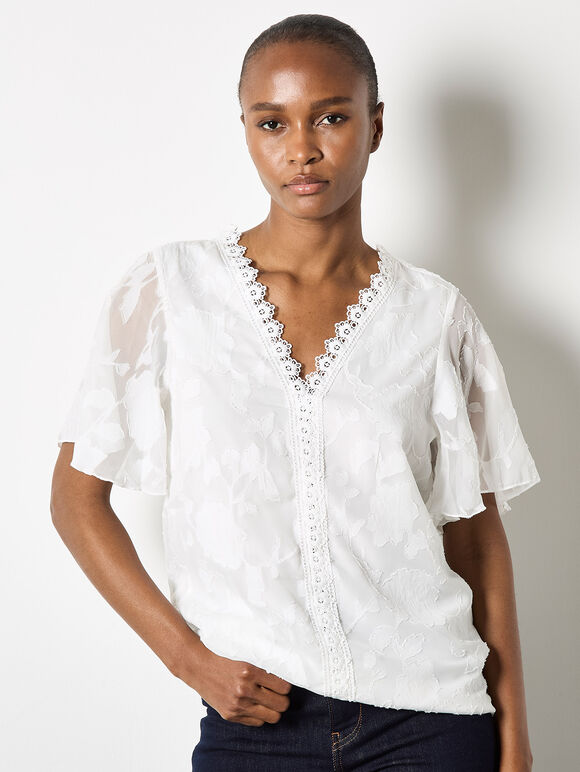 Crochet Trim Floral Jacquard Blouse, Cream, large