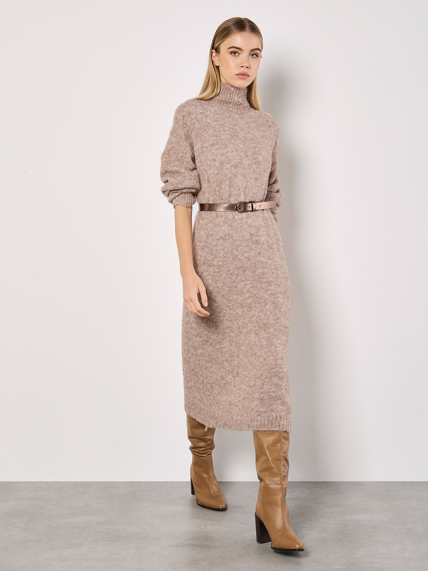 Oversized Fluffy Jumper Midi Dress Apricot Clothing