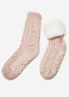 Fluffy Lining Aran Knit Socks, Pink, large