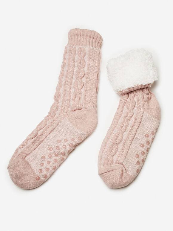 Fluffy Lining Aran Knit Socks, Pink, large