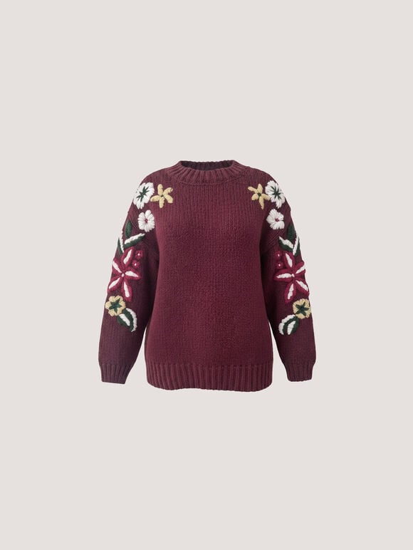 Embroidered Floral Sleeve Chunky Knit Jumper, Burgundy, large