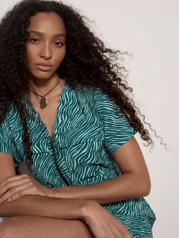 Zebra Print Zip-Down Mini Dress, Teal, large