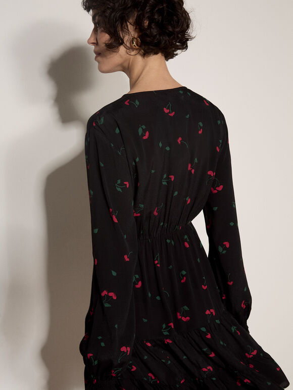 Cherry Print Crepe Mini Dress, Black, large