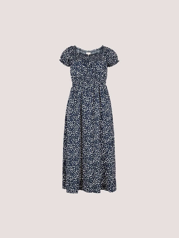 Brush Spot Milkmaid Midi Dress, Navy, large