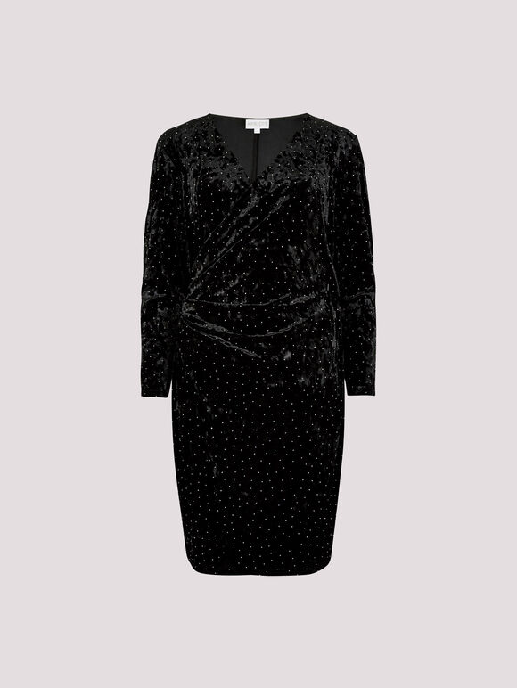 Rhinestone Velvet Wrap Mini Dress, Black, large