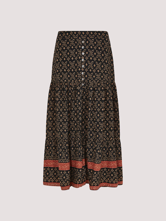 Batik Floral Border Midi Skirt , Black, large