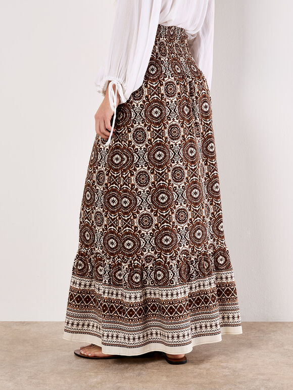 Batik Print Smocked Maxi Skirt, Brown, large