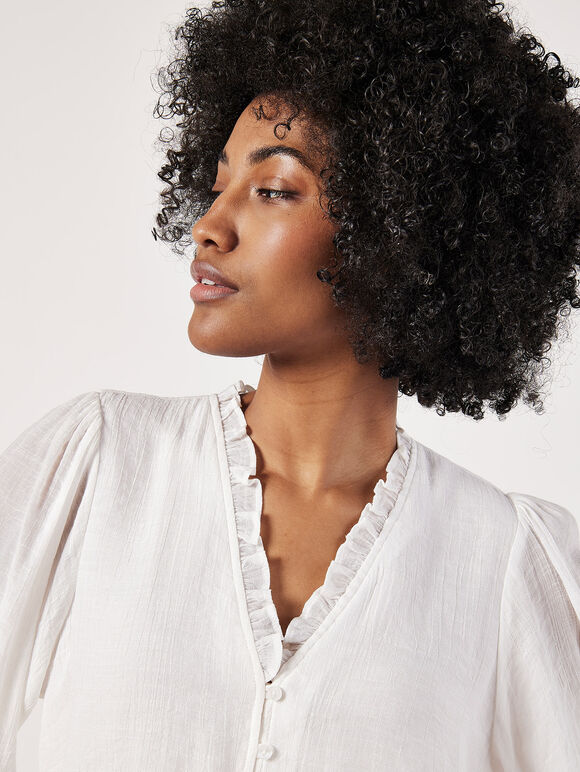Ruffle Neck Textured Blouse, White, large