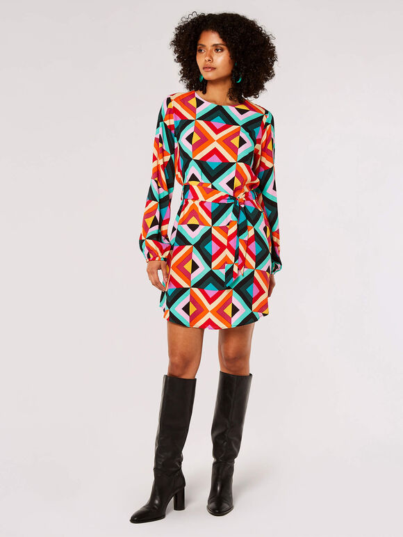 Retro Geometric Belted Mini Dress, Aqua - Turquoise, large