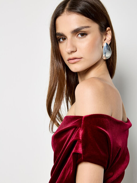 One-Shoulder Velvet Bodycon Mini Dress, Red, large