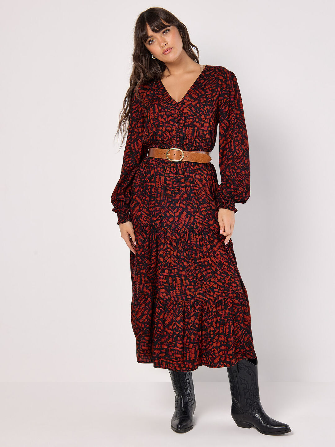 Image of Abstract Print Tiered Midaxi Dress