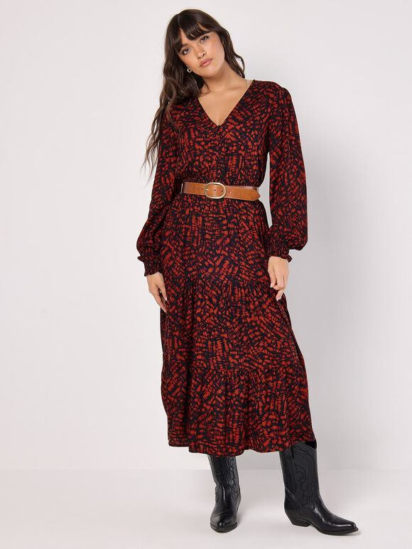 Abstract Print Tiered Midaxi Dress, Red, large