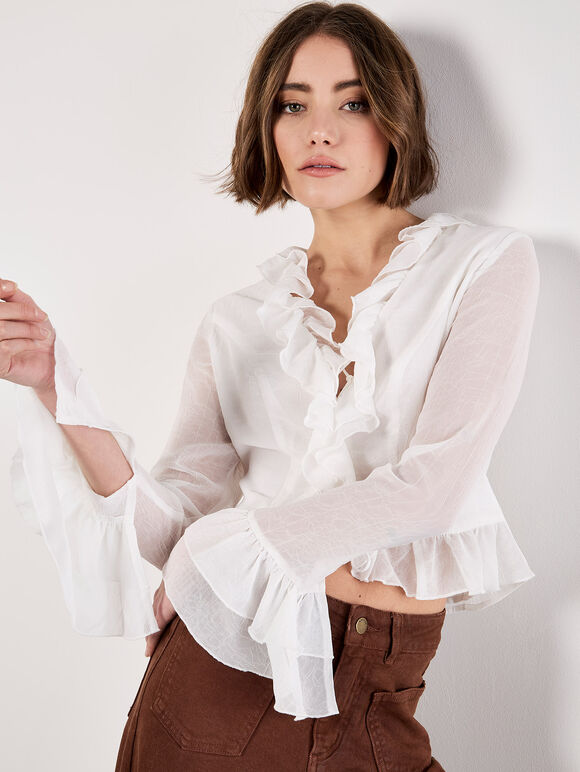 Tie-Up Ruffle Crop Top, Cream, large