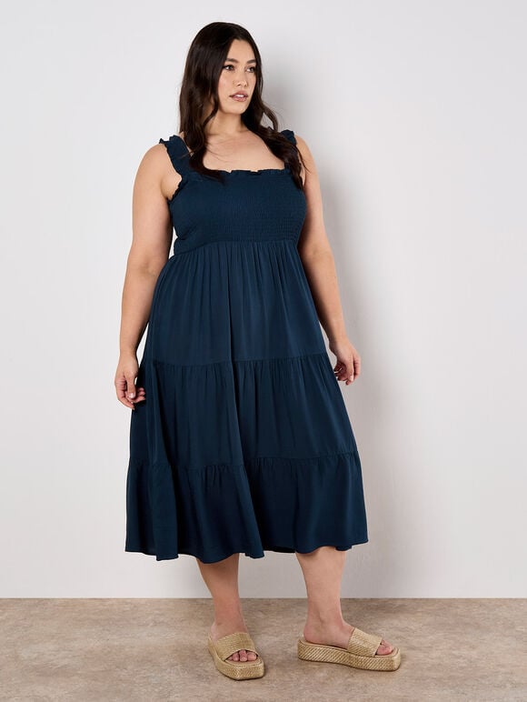 Smock Tiered Midi Dress, Navy, large
