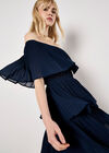 Plisse Tiered Bardot Midi Dress, Navy, large
