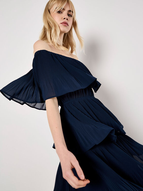 Plisse Tiered Bardot Midi Dress, Navy, large