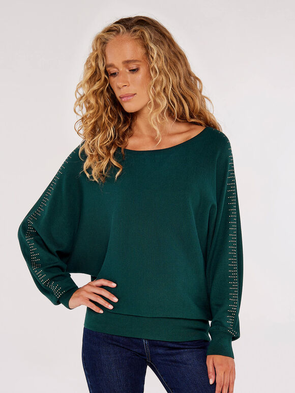 Stud Detail Batwing Jumper, Green, large
