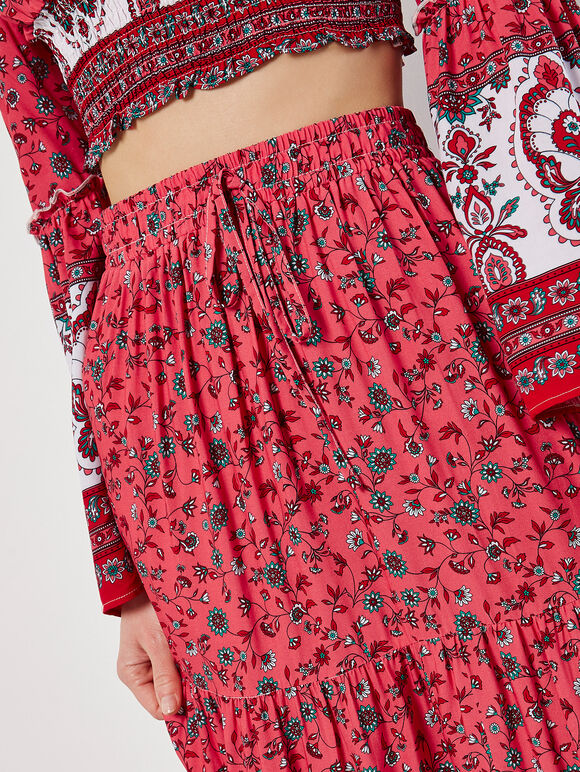 Sarasa Floral Tiered Maxi Skirt, Red, large