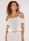 Embroidered Cut-Out Shoulder Top, White, large