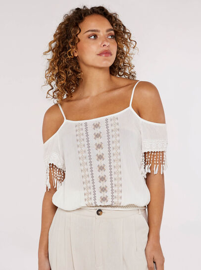 Embroidered Cut-Out Shoulder Top
