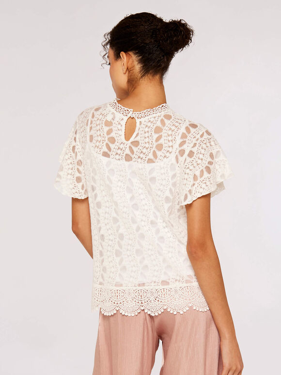 Embroidered High Neck Top, White, large