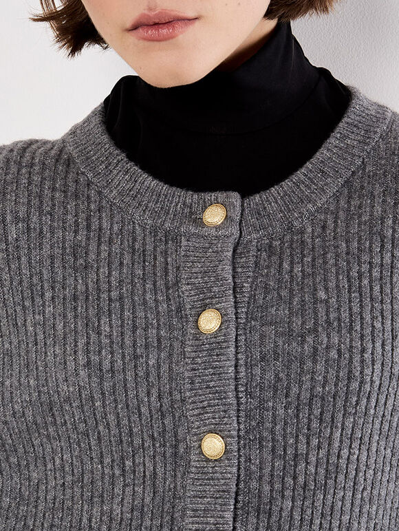 Soft Ribbed Knit Cardigan, Grey, large