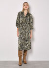 Snakeskin Print Satin Shirt Midi Dress, Khaki, large