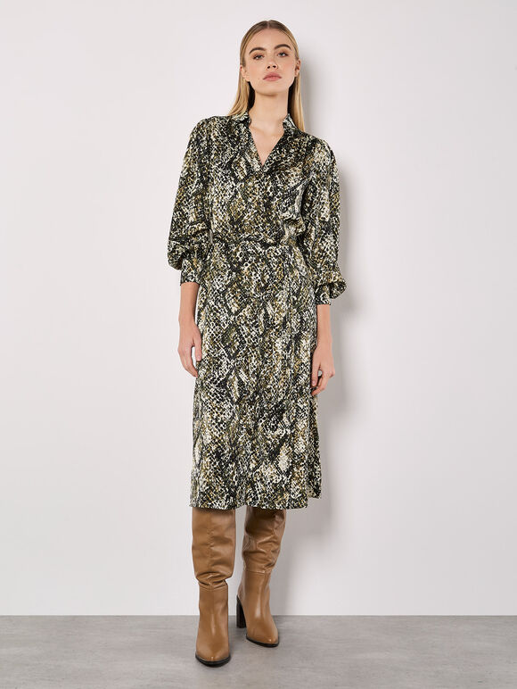 Snakeskin Print Satin Shirt Midi Dress, Khaki, large