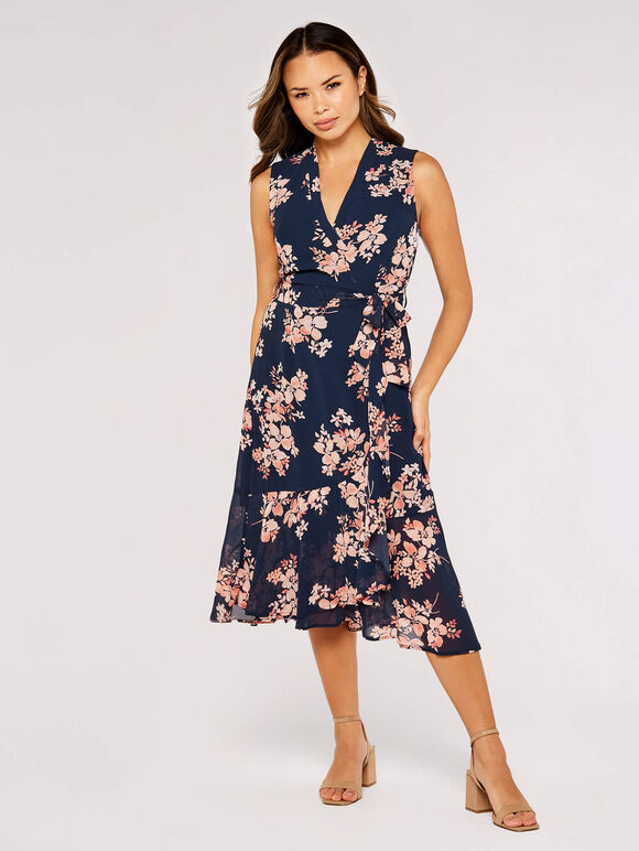 Graphic Floral Wrap Dress, Navy, large