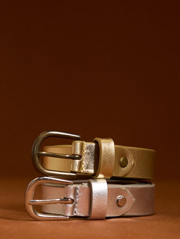 Thin Leather Gold Buckle Belt, Gold, large