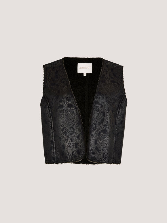 Embossed Paisley Borg-Lined Waistcoat, Black, large
