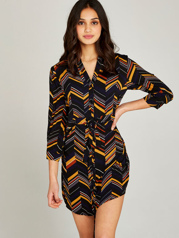 Black Spliced Stripe Ripple Shirt Dress, Black, large