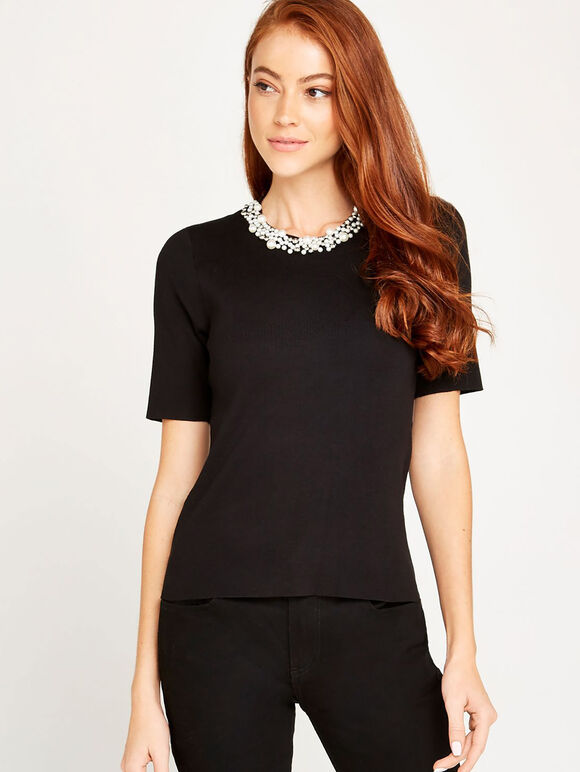 Black Pearl Bead Neck Top, Black, large