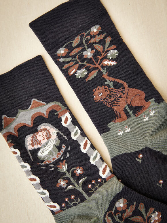 Lion Print Cotton Socks, Black, large
