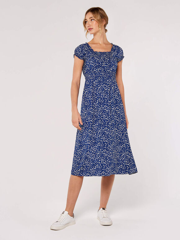 Brush Spot Milkmaid Midi Dress, Blue, large