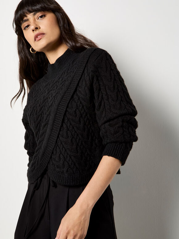 Cable Knit Wrap Jumper, Black, large