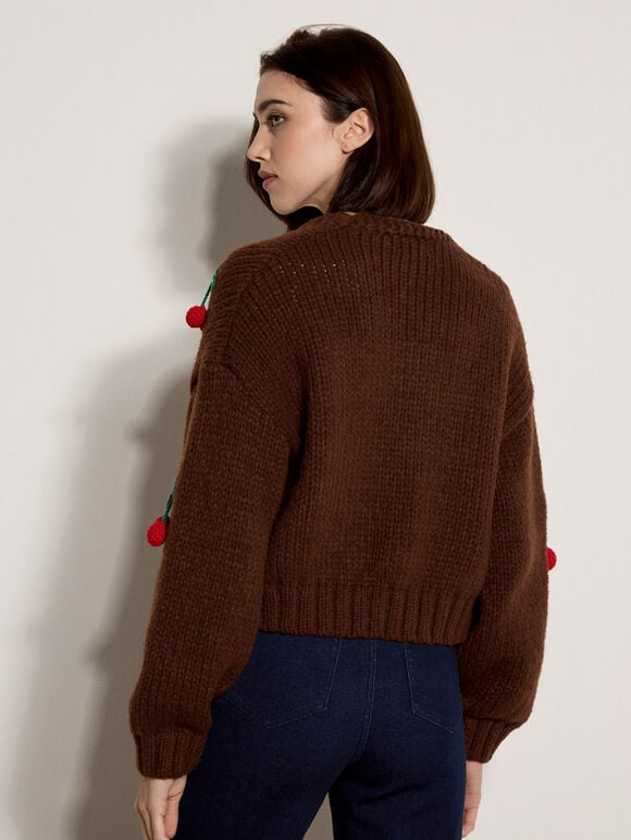 Chunky Knit Cherry Cardigan, Brown, large