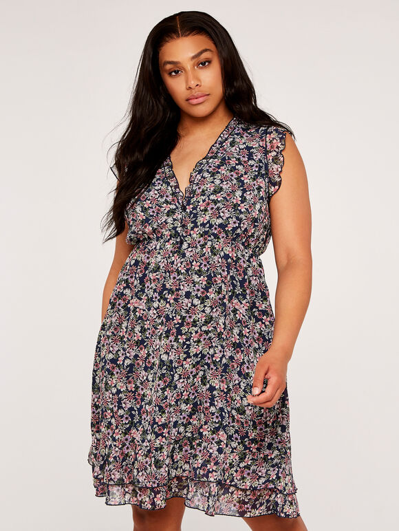 Curve Sketched Bold Ditsy Floral Dress, Navy, large