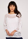 Crochet Knit Bell Sleeve Top, Cream, large