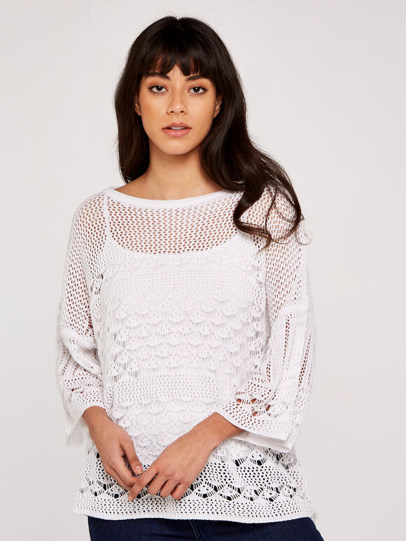 Crochet Knit Bell Sleeve Top, Cream, large
